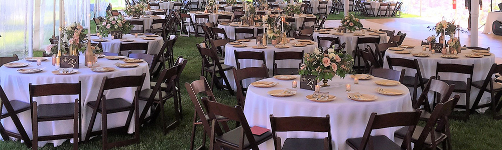 Wood ballroom chairs	from Prestige Party Rental will provide comfortable seating for your guests.